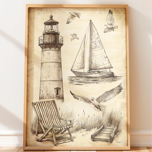 Vintage Coastal Lighthouse Pen And Ink Art Naturalist Illustration Field Study Sketch Decorative Wall Art Poster , Poster Print Only