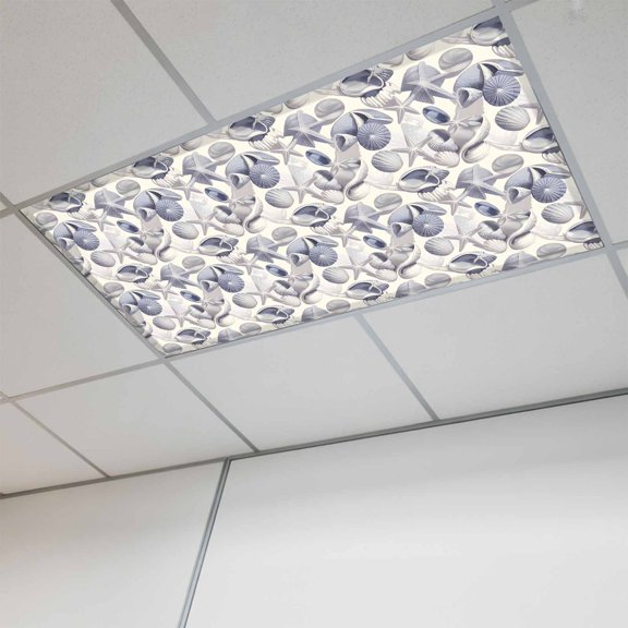 Vintage Coastal Magnetic Fluorescent Light Covers for Ceiling Lights 2 x 4 Feet, Blue Grey Starfish Shell Conch Office Classroom Kitchen Drop Ceiling Light Covers Lighting Filters Shade Panel 1 Pack