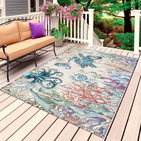 Vintage Coastal Outdoor Rug 4x6 Ft, Non Slip Washable Area Rug, Sea Turtle Octopus Coral Beach Nautical Patio Rugs Carpet Runner, Large Floor Mat for Indoor/Outdoor Deck Porch Camping