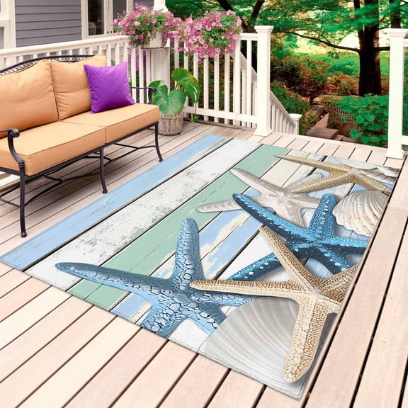 Vintage Coastal Outdoor Rug 4x6 Ft, Non Slip Washable Area Rug, Summer Starfish Farmhouse Wooden Grain Patio Rugs Carpet Runner, Large Floor Mat for Indoor/Outdoor Deck Porch Camping