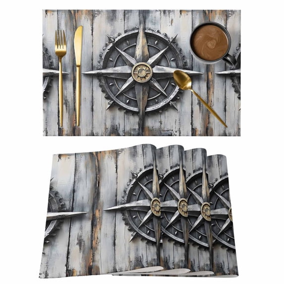 Vintage Coastal Placemats Set of 4 Compass Nautical Ocean Summer Beach Place Mats Indoor Wipeable Table Mats Washable Cloth Dining Table Placemats for Kitchen Holiday Party Home Decor 13x19 Inch