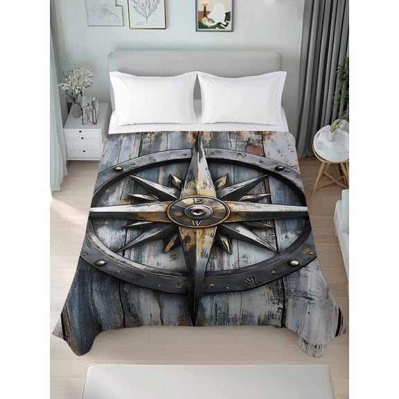 Vintage Coastal Queen Size Flat Sheet, Wrinkleproof & Fadeproof Cooling Flat Bed Sheet Only, Compass Nautical Summer Beach Breathable Soft Bedding Top Sheets 90 x 102 Inches