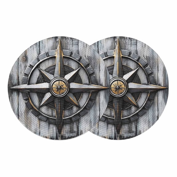 Vintage Coastal Round 13 Inch Placemats Set of 2, Nautical Ocean Summer Beach Compass HeatResistant Non Slip Place Mats for Dining Table, Wipeable Braided Kitchen Table Mats for Housewarming