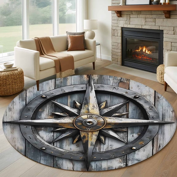Vintage Coastal Round Area Rug 6 FT, Non Slip Bedroom Rugs, Compass Nautical Summer Beach Washable Soft Circular Carpet Non-Shedding Floor Mat for Kitchen Dining Room Home Office Kids Room