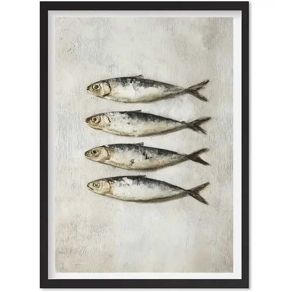 Vintage Coastal Sardine Fish Oil Painting Print, Rustic Beach House , Matte Canvas Stretched, Posters for Room Bedroom Living Room Bathroom Wall Decor, Posters & Art Prints, Gift.