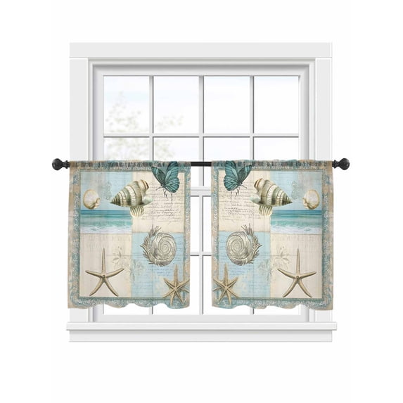 Vintage Coastal Sheer Curtains 54 Inch Long 2 Panels, Ocean Shell Butterfly Starfish Retro Light Filtering Rod Pocket Curtains, Sheer Voile Drapes for Living Room Bedroom, 52"x54"