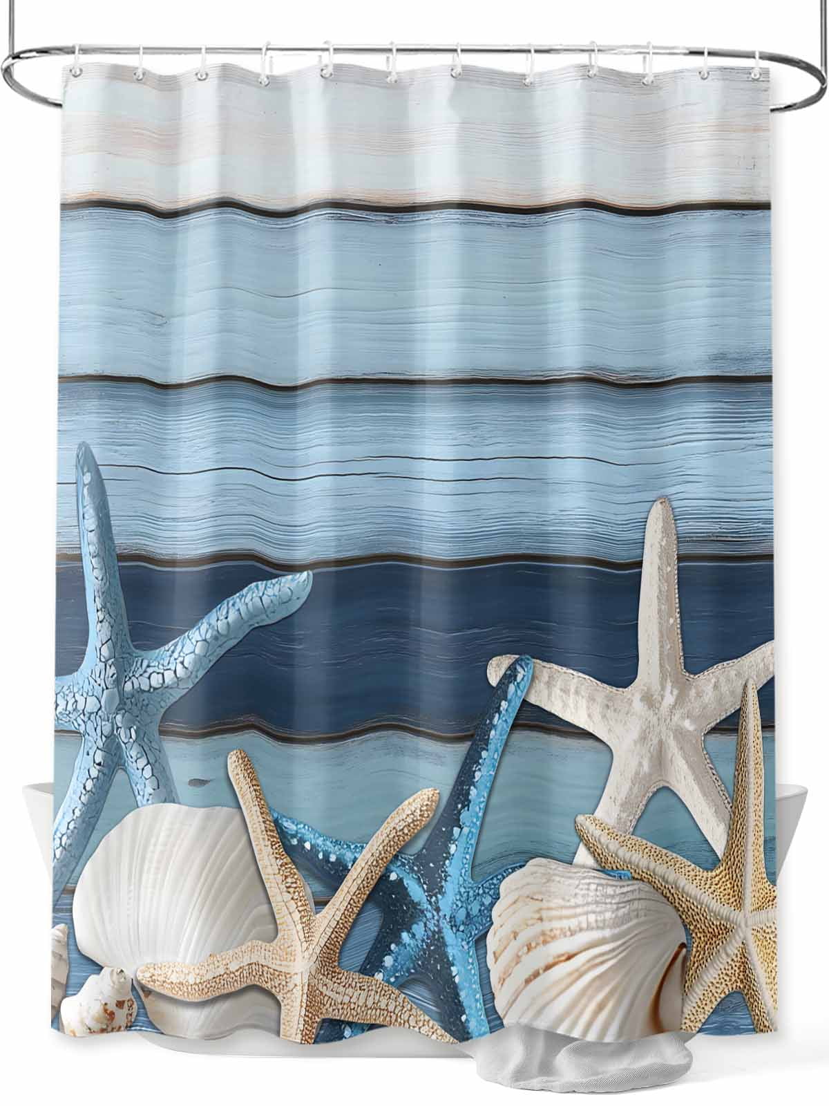 Vintage Coastal Shower Curtain, Wood Texture Starfish Shell Bathroom Decor Curtains Set with Hooks, Aqua Blue Ivory Waterproof Fabric Home Accessories， 72 X 72 Inch Long
