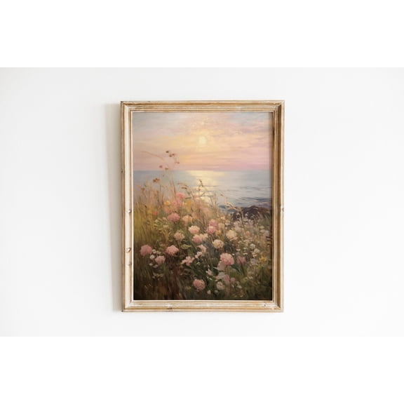 Vintage Coastal Sunset Wildflower Field, Summer Print Beach Print Farmhouse Print, Sunrise Print Floral Bathroom Print Poster Decor, Size 8x12 UNFFRAMED F03.1.8l864