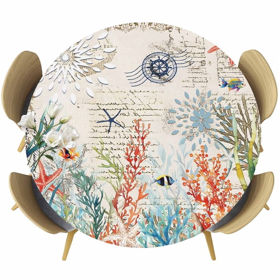 Vintage Coastal Table Cloth, Round Fitted Tablecloths with Elastic Edge, Summer Beach Coral Starfish Nautical Wipeable Waterproof Table Cover for Kitchen Wedding 36-44 Inches