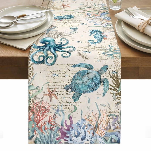 Vintage Coastal Table Runner - 70 Inch Long, Kitchen Dining Table Runner Dresser Scarves, Sea Turtle Octopus Coral Beach Nautical Farmhouse Decor for Coffee Tables Wedding Party Banquet