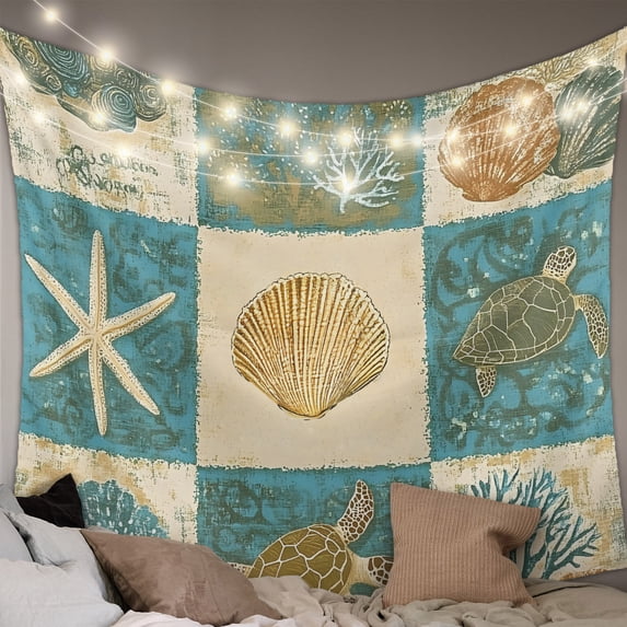 Vintage Coastal Tapestry for Bedroom Wall Hanging Tapestry, Summer Beach Sea Turtle Shell Starfish Ceiling Backdrop Tapestries Poster Blanket Wall Decor for Teens Room Living Room Dorm 55" x 73"