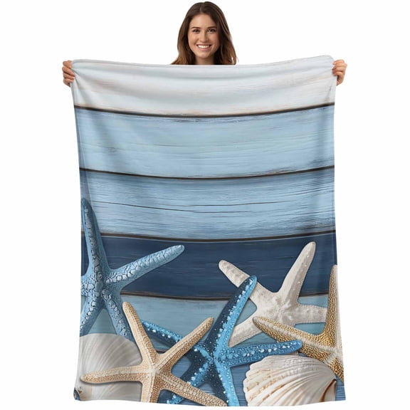 Vintage Coastal Throw Blankets, Wood Texture Starfish Shell Soft Fleece Blanket Decorative for Home Sofa Couch Chair Living Bedroom, 30x40 Inches, Aqua Blue Ivory