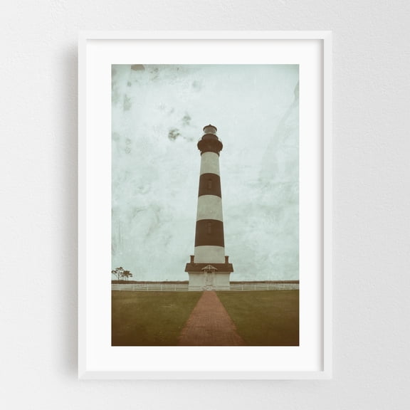 Vintage Coastal Wall Art: Aged Colorized Bodie Lighthouse Landscape Photograph Prints - Nags Head North Carolina Photography Lighthouse Vintage Coastal White Framed Wall Art Print 12 x 18 inches