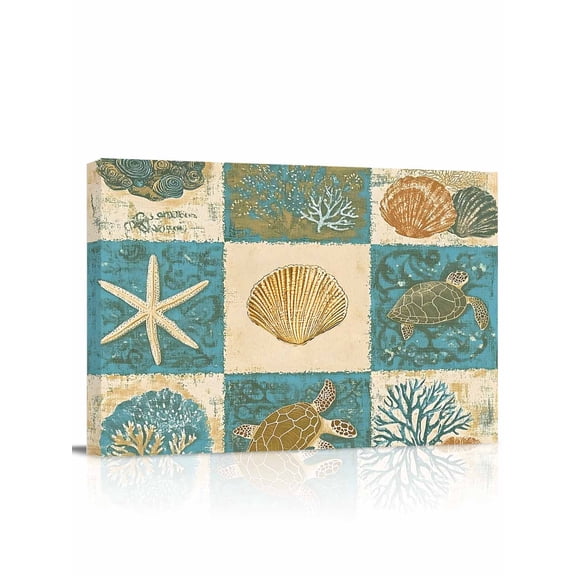 Vintage Coastal Wall Art for Living Room,Canvas Picture Wall Decor for Bathroom Bedroom,Summer Beach Sea Turtle Shell Starfish Painting Artwork for Office Kitchen Hallway Dining Room Decor 12"x16"