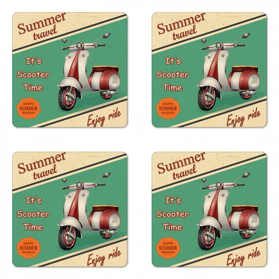 Vintage Coaster Set of 4, Scooter Motorbike Summer Travel Italian City Sight Hipster Enjoy Ride Illustration, Square Hardboard Gloss Coasters, Standard Size, Multicolor, by Ambesonne