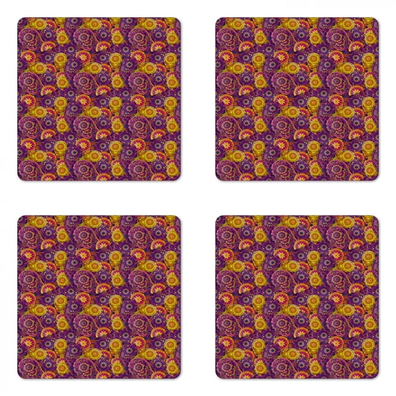 Vintage Coaster Set of 4, Traditional Paisley Motifs Pattern Oriental Design Flower Ornaments Curvy Antique, Square Hardboard Gloss Coasters, Standard Size, Multicolor, by Ambesonne