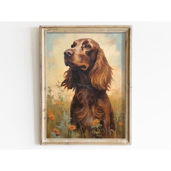 Vintage Cocker Spaniel Wall Art - Brown Cocker Spaniel In Blooming Meadow - Dog Wall Art - Muted Colors Wall Art, Modern Wall Decor, 24x36 UNFRAMED