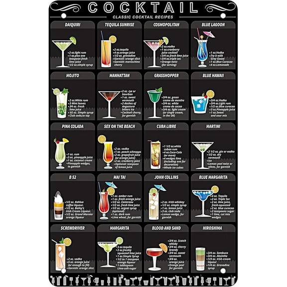 Vintage Cocktail Menu Metal Tin Sign 12x8 Inch, Retro Bar Pub Wall Decor Art Poster