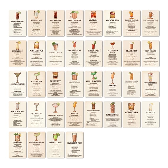 Vintage Cocktail Recipe Step Cards 36-Pack, Retro Drink Mixing Guides With Detailed Instructions, For Home Bartenders & Bar Enthusiasts