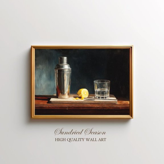 Vintage Cocktail Still Life Art Lemon Shaker Glass Bar Decor Kitchen Poster, Unframed Paper Poster 8x10in