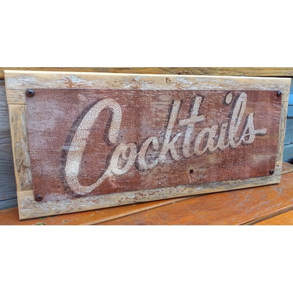 Vintage Cocktails Metal Sign Reclaimed Fence Wood Frame Home Bar Decor