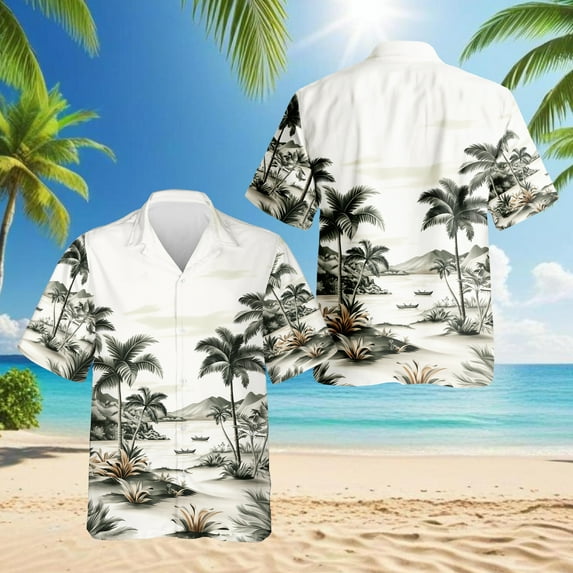 Vintage Coconut Tree Hawaiian Shirt for Men, Button Down Summer Beach Short Sleeve, Retro Style, Sizes S-5XL