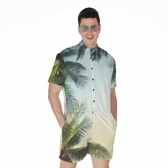 Vintage Coconut Tree Short Sleeve Men'S Rompers, Coconut Fruits Tropical Hawaiian Casual Summer Jumpsuits Outfit