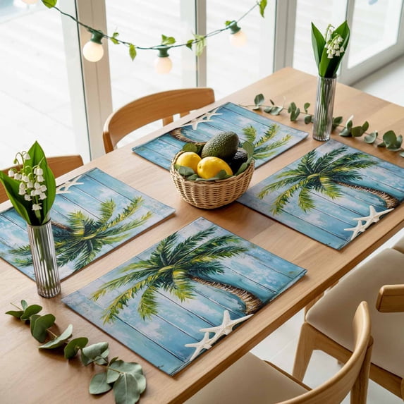 Vintage Coconut Tree Starfish Placemats Set of 4,Wipeable Washable Table Mats for Dining Tables, Beach Blue Wood Board Place Mats for Kitchen Event Party Tabletop Decor