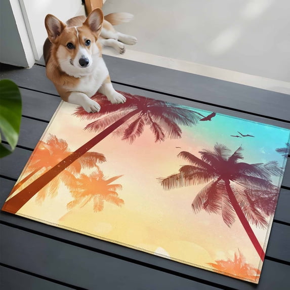 Vintage Coconut Trees Front Door Rugs 2x3 ft Gradient Sky Bird Summer Plant Small Rug for Entryway Non Slip Washable Bathroom Door Mat Absorbent Floor Mat for Indoor Entrance