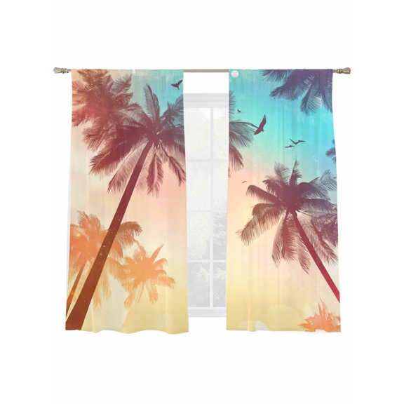 Vintage Coconut Trees Sheer Curtains 2 Panels Set Gradient Sky Bird Summer Plant Sheer Window Curtains Light Filtering Rod Pocket Voile Drapes for Bedroom Living Room 52"x63"