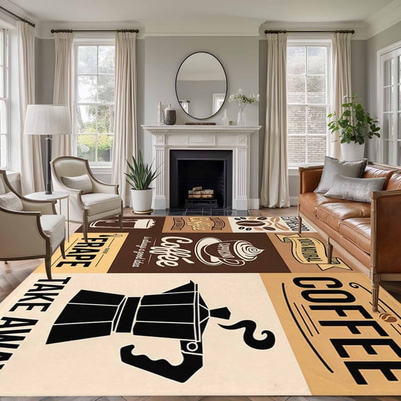Vintage Coffee Area Rug 6x9 FT, Non Slip Living Room Throw Carpet, Farmhouse Retro Art Coffee Beans Washable Soft Large Floor Carpet Non-Shedding Rug for Bedroom Dining Room Play Room