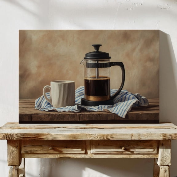 Vintage Coffee Art, French Press Kitchen Wall Decor, Rustic Café Poster, Cozy Coffee Lover Gift, Farmhouse Still Life Painting Wall Art, Modern Wall Decor, 24x36 UNFRAMED
