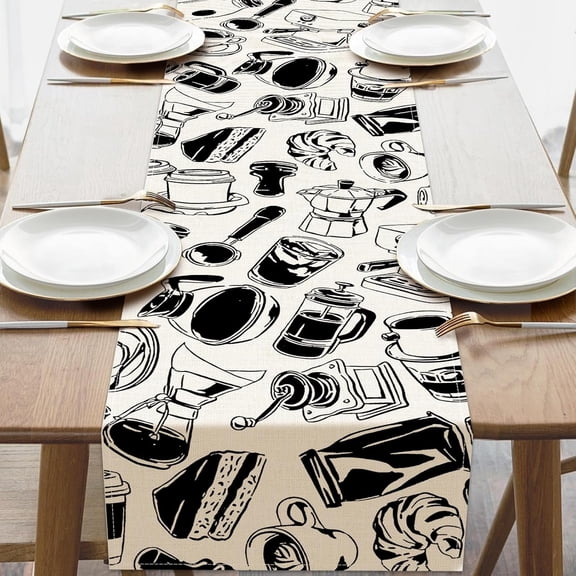 Vintage Coffee Bar Dining Table Runner, Retro Black White Coffee Maker Pastry Burlap Kitchen Decoration, Cafe Station Shop Farmhouse Indoor Outdoor Home Decor Party Supply 13''x72''