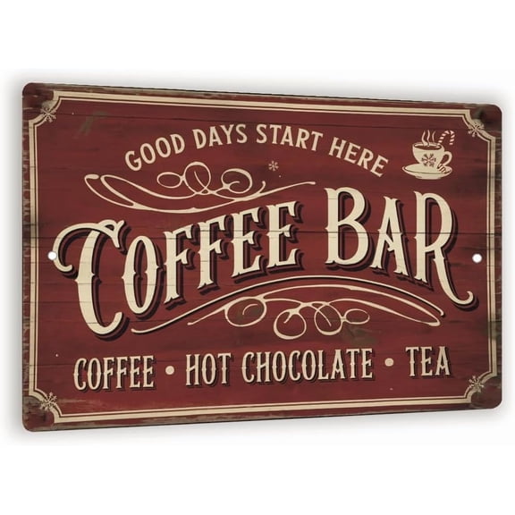Vintage Coffee Bar Metal Sign  Retro Caf Wall Art With Red Distressed Background, Rustic Kitchen Or Coffee Station Decor 8x12