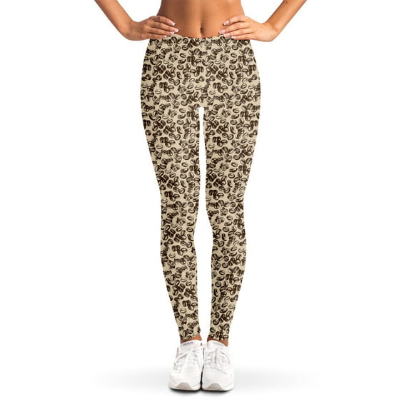 Vintage Coffee Bean Pattern Print Leggings, Food Lover Sexy Yoga Leggings For Women.