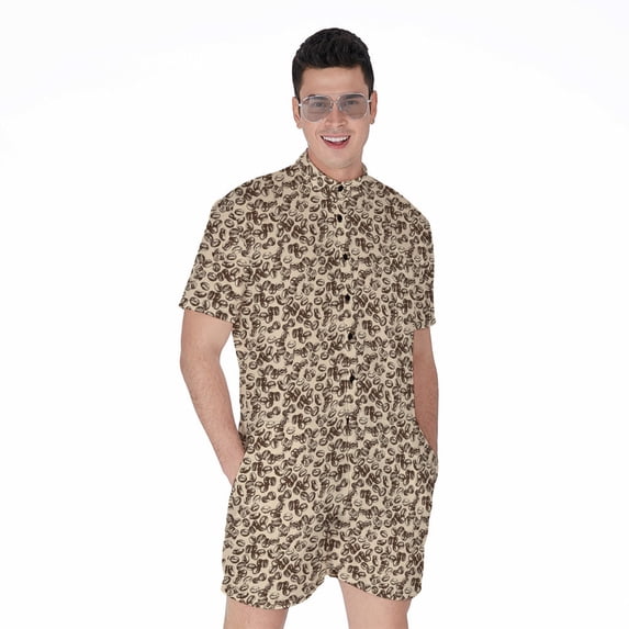 Vintage Coffee Bean Pattern Short Sleeve Men'S Rompers, Coffee Casual Summer Jumpsuits Outfit