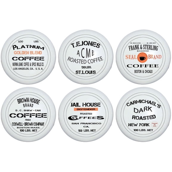 Vintage Coffee Crate Logo Signs Drawer Knob Pulls, Designer Antique Advertizement Sign Coffee Shop Ceramic Kitchen Cabinet Hardware Handles ( Set Of 6 )