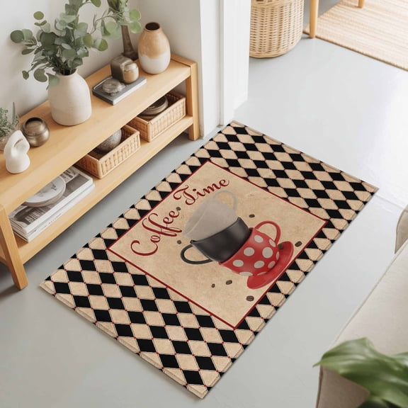 Vintage Coffee Cup Beans Texts Rectangle Area Rug 2x3ft,Living Room Rug Non-Slip Washable Circle Rugs Pad,Black Check Border Soft Floor Carpet for Bedroom Dining Room