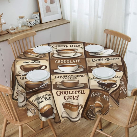Vintage Coffee Cup Collage In Earthy Tones Round Tablecloth Waterproof Oil-Proof Plastic Table Cloth Stain-Resistant Wipeable 60" for Camping, Dining, Indoor and Outdoor