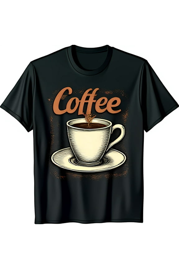 Vintage Coffee Cup Illustration T-Shirt Retro Hand Drawn Design on Black Tee