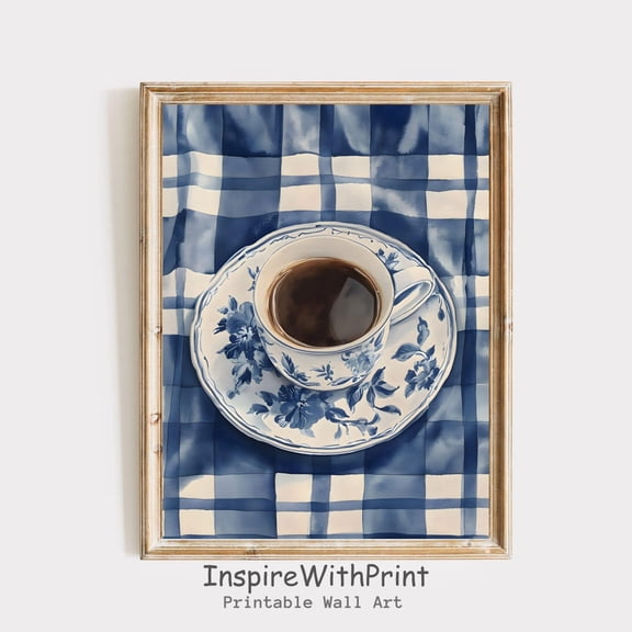 Vintage Coffee Cup Print, Trendy Coffee Cup Print, Kitchen Wall Art, Blue Wall Art, Chinoiserie Wall Art, Coffee Lover Print, Size 12x18 UNFFRAMED F03.1.5l1578