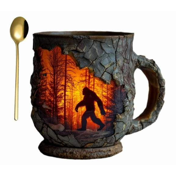 Vintage Coffee Cups, Forest Fire Mug, 3D Vintage Sasquatch Outdoor Coffee Gifts Cup Campfire Mug for Camping Kitchen Cryptid Believers Nature Lovers Mountain Hiking Camping Lovers