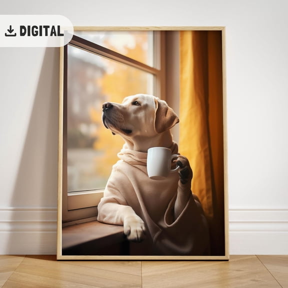 Vintage Coffee Dog Art, Trendy Dogful Aesthetic Kitchen Wall Decor, Cute Labrador Retriever With Coffee Print, Coffee Lab Drinking #686, Unframed Poster Size 8x12