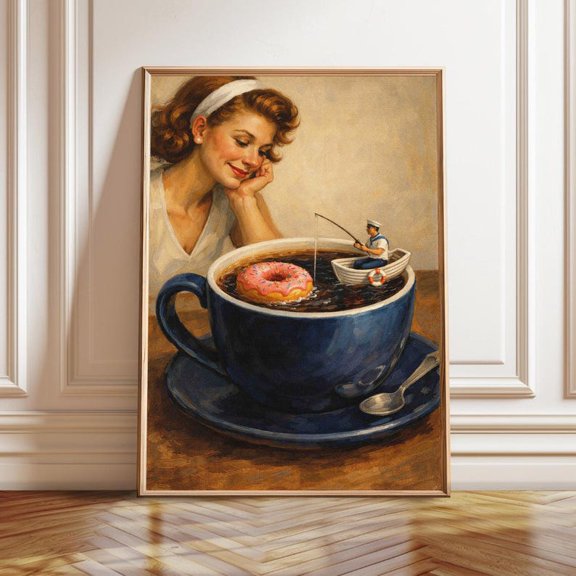 Vintage Coffee Fantasy Art Poster – Retro Woman Donut Fisherman Surreal Illustration 12x18 UNFRAMED