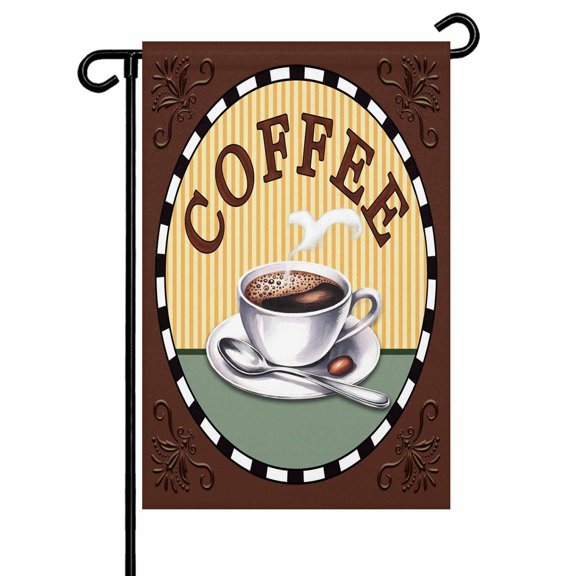 Vintage Coffee Garden Flag 12x18 Inch Coffee Cup Brown Strips Double Sided Small Decorative Garden Flags for Outside, Outdoor Yard Porch Lawn Decoration