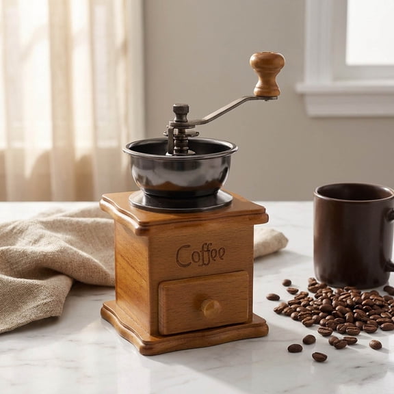 Vintage Coffee Grinder Hand Crank Wood Manual Burr Grinder with Ceramic Core for Kitchen Brewing