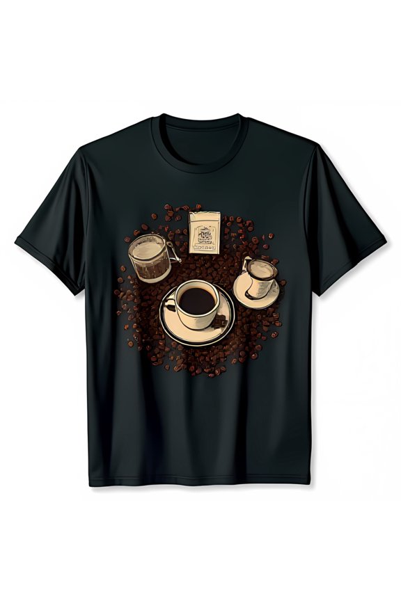 Vintage Coffee Lovers Black T-Shirt with Detailed Coffee Beans & Cup Design