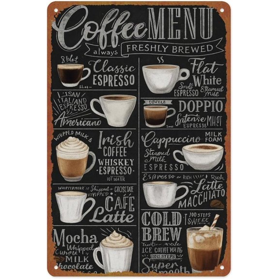 Vintage Coffee Menu Metal Sign Aluminum Metal Sign Posters 8x12 Inch For Living Room Bedroom Bathroom Decoration