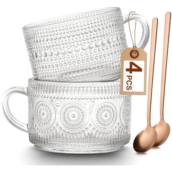 Vintage Coffee Mugs Set of 2, 14 oz Embossed Glass Cups with Handle, Clear Cups for Cappuccino, Latte, Cereal, Yogurt, Milk, Hot or Cold Beverages