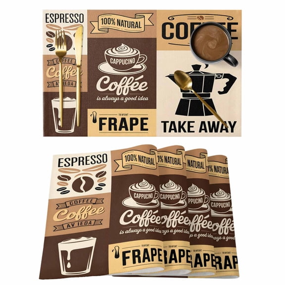 Vintage Coffee Placemats Set of 2, Cotton Linen Fabric Place Mats, Farmhouse Retro Art Coffee Beans Washable Decorative Table Mats Protector for Home Kitchen Dining Wedding Party Coffee Tables